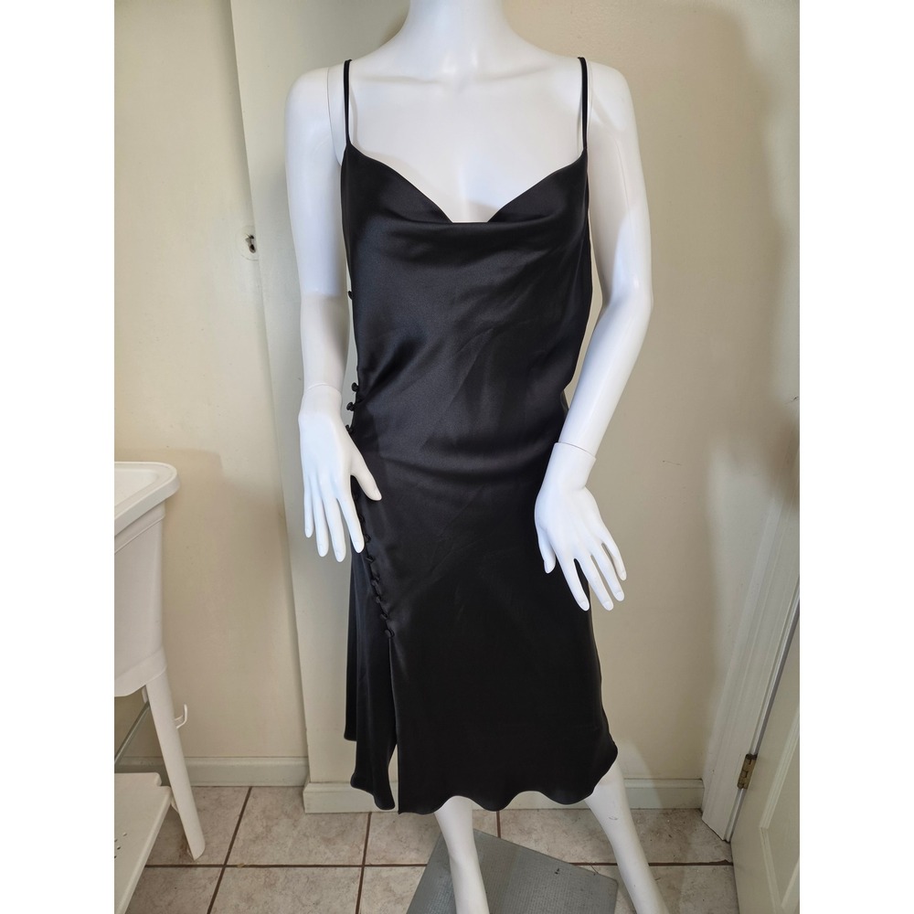 Zara Black Satin Cowl Neck Midi Dress Button Side Slit NWT Small 7969/221